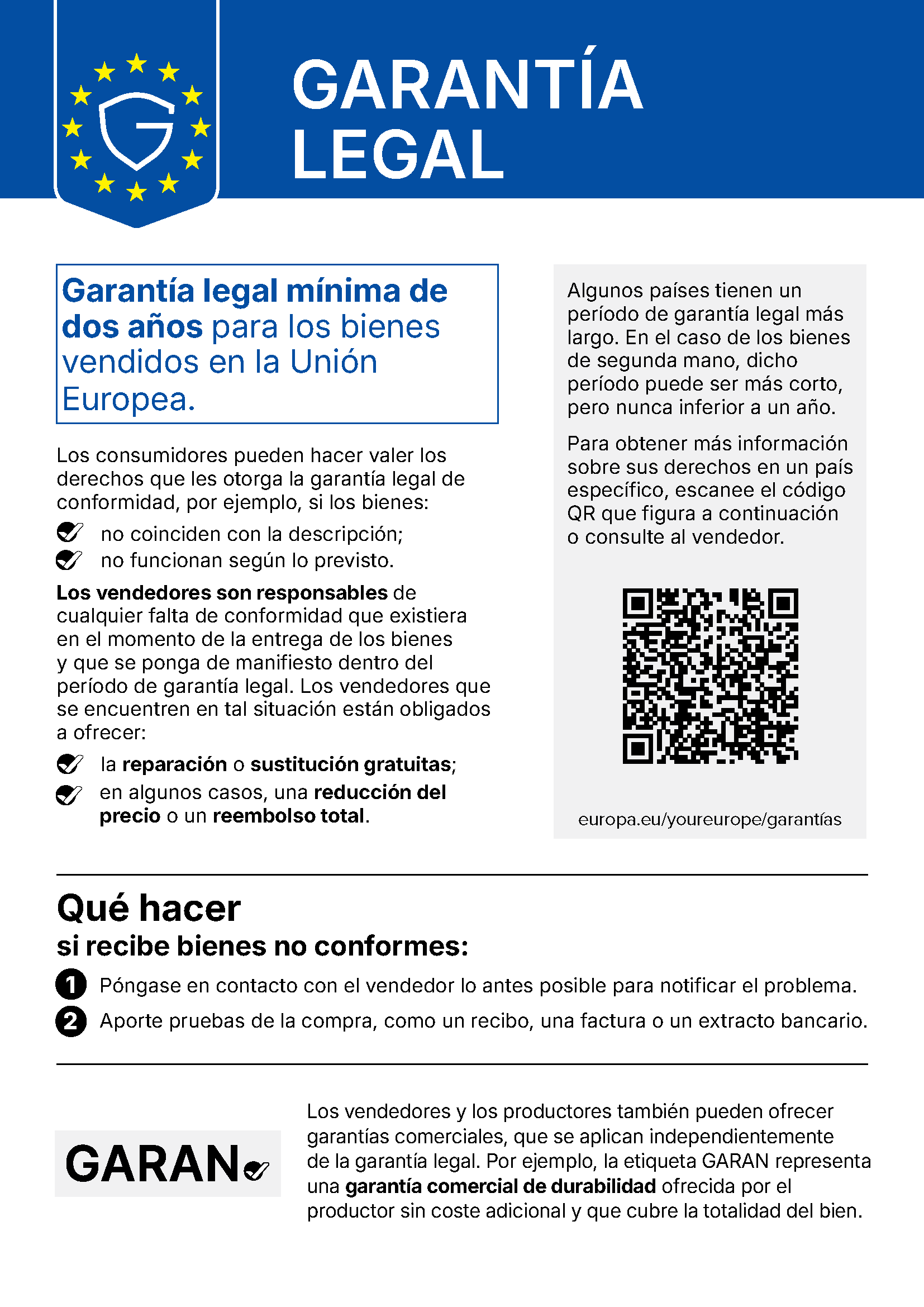 Aviso armonizado de la UE sobre la garantía legal